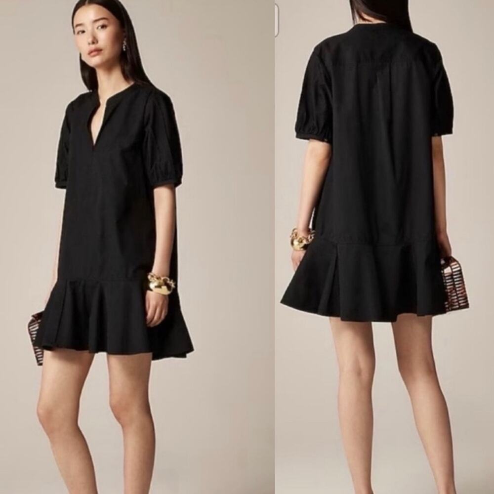 J. Crew Delilah Black Puff Sleeve Mini Dress Ruffle Hem Cotton Poplin NWT Sz M